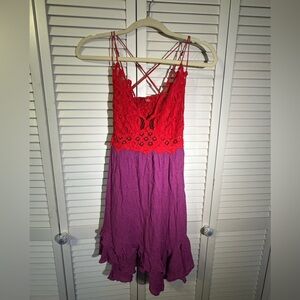 Free People Red and Purple Lace Dress Sundress Festival medium